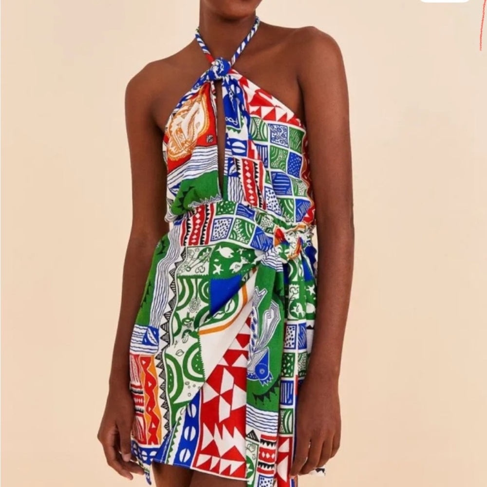 FARM Rio Red and Blue Halter Sundress